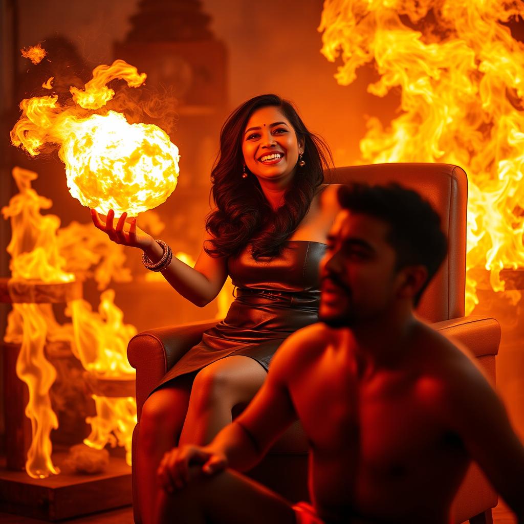 An Indian woman in her mid-40s, stylishly dressed in a leather mini skirt, is seated confidently on a chair