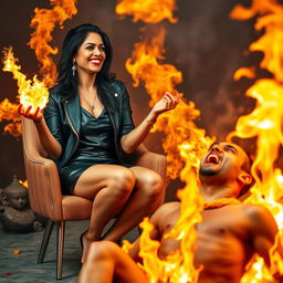 An Indian woman in her mid-40s, stylishly dressed in a leather mini skirt and fashionable heels, is sitting cross-legged on a chair with an air of confidence