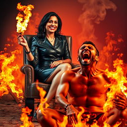 An Indian woman in her mid-40s, stylishly dressed in a leather mini skirt and fashionable heels, is sitting cross-legged on a chair with an air of confidence