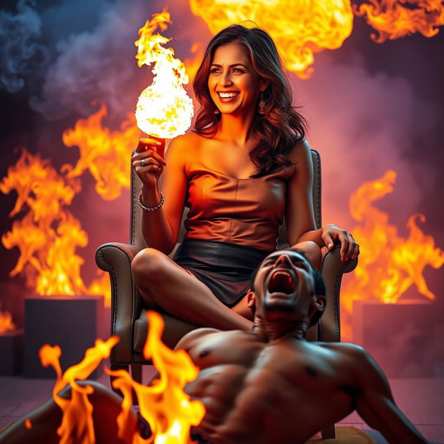 An Indian woman in her mid-40s, stylishly dressed in a leather mini skirt and fashionable heels, is sitting cross-legged on a chair with an air of confidence