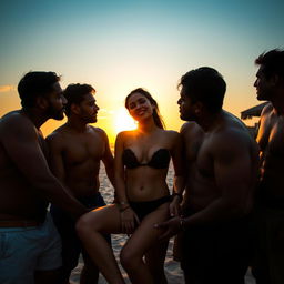 A captivating sunset scene at a beach shack in Goa, featuring a rich Indian girl, 19 years old, with a cute appearance, confidently topless and showcasing her cleavage and navel