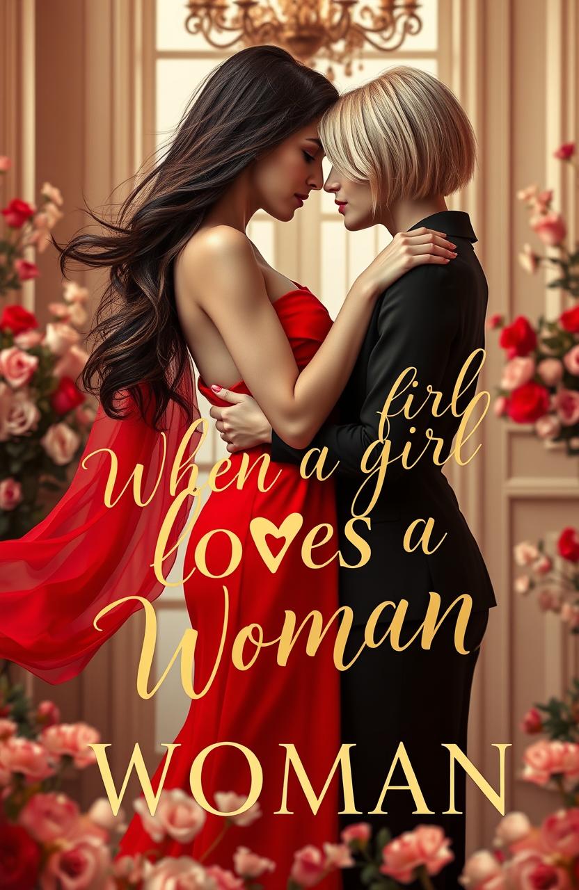 An enticing and romantic book cover design for the novel title 'WHEN A GIRL LOVES A WOMAN'