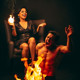 An Indian woman in her mid-40s, stylishly dressed in a leather mini skirt and elegant heels, is seated with confidence on a chair