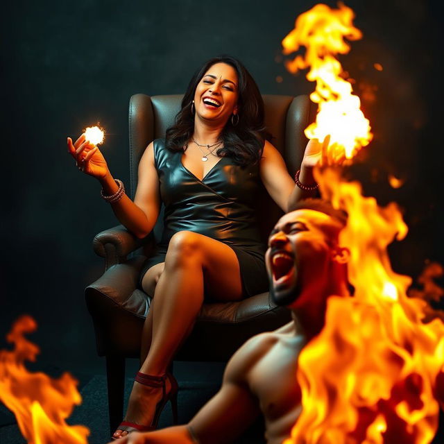 An Indian woman in her mid-40s, stylishly dressed in a leather mini skirt and elegant heels, is seated with confidence on a chair