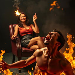 An Indian woman, aged in her mid-40s, dressed in a stylish leather mini skirt and high heels, sits confidently on a chair
