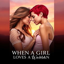 An enticing book cover for a romance novel titled 'WHEN A GIRL LOVES A WOMAN', featuring a passionate and intimate moment between two beautiful women
