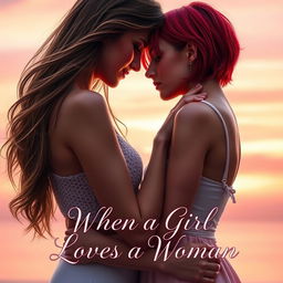 An enticing book cover for a romance novel titled 'WHEN A GIRL LOVES A WOMAN', featuring a passionate and intimate moment between two beautiful women