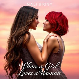 An enticing book cover for a romance novel titled 'WHEN A GIRL LOVES A WOMAN', featuring a passionate and intimate moment between two beautiful women