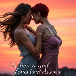An enticing book cover for a romance novel titled 'WHEN A GIRL LOVES A WOMAN', featuring a passionate and intimate moment between two beautiful women