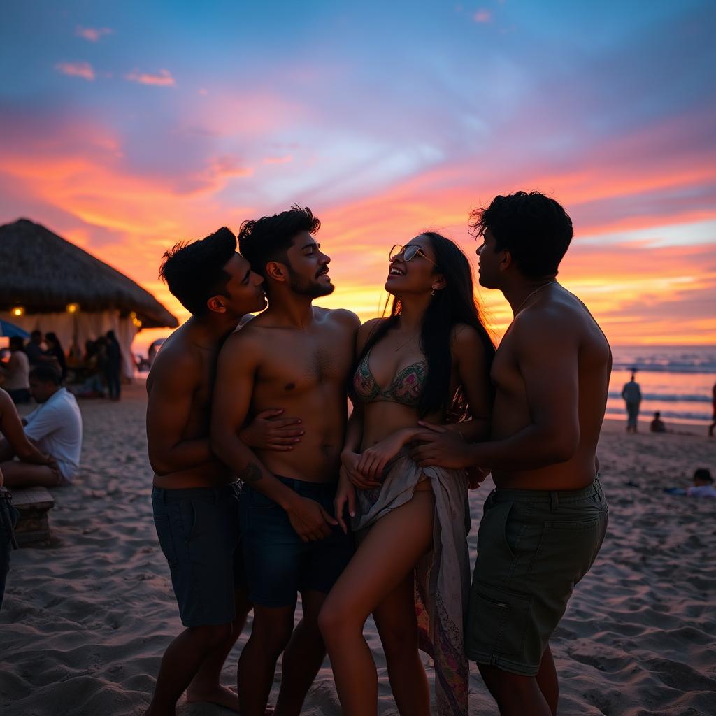 An enchanting sunset at a beach shack in Goa, featuring a rich Indian girl, 19 years old, with a cute charm, confidently topless, displaying her cleavage and navel