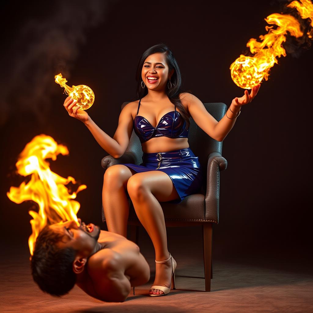 An Indian woman, an adult in her mid-30s, wearing a shiny PVC mini skirt and stylish high heels, confidently sits on a chair