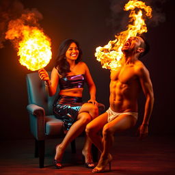 An Indian woman, an adult in her mid-30s, wearing a shiny PVC mini skirt and stylish high heels, confidently sits on a chair