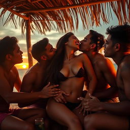A picturesque sunset at a beach shack in Goa showcasing a rich Indian girl, 19 years old, embodying cuteness and confidence while topless, revealing her cleavage and navel