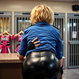 A close-up view from behind focusing on a curvy figure with a bubble butt bending over a counter