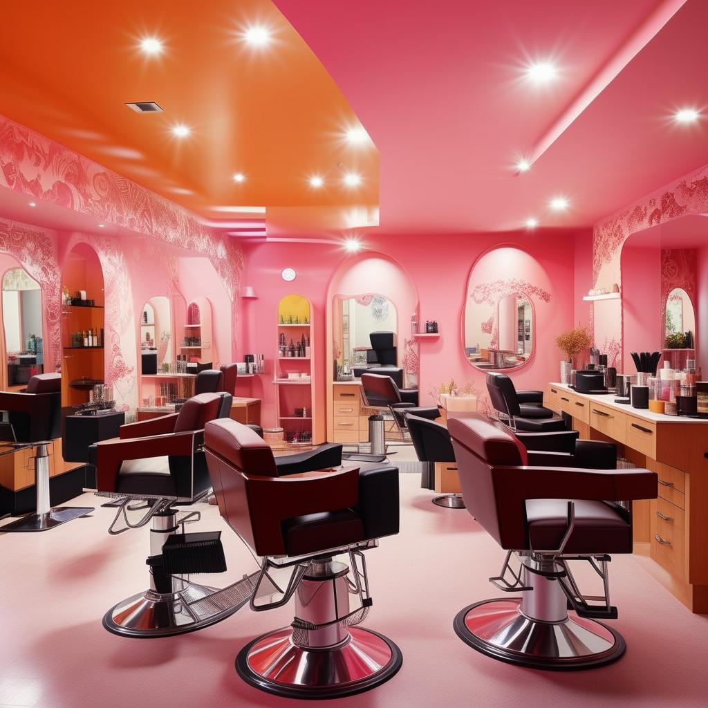 A family salon displaying a blend of photogenic social areas and cozy private spaces. Include trendy interior designs with vibrant colors and comfortable salon chairs.