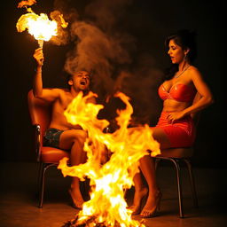 An Indian woman, an adult in her late 30s, dressed in a slick PVC mini skirt and stylish high heels, sits on a chair with a confident posture