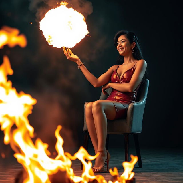 An Indian woman, an adult in her late 30s, dressed in a slick PVC mini skirt and stylish high heels, sits on a chair with a confident posture