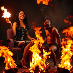 An Indian woman, an adult in her late 30s, dressed in a slick PVC mini skirt and stylish high heels, sits on a chair with a confident posture