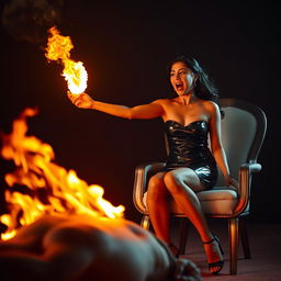 An Indian woman, an adult in her late 30s, dressed in a slick PVC mini skirt and stylish high heels, sits on a chair with a confident posture