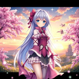 An exquisite anime waifu character, featuring long flowing hair in vibrant pastel colors, big expressive eyes, adorned with elaborate, stylish clothing that reflects a fantasy theme