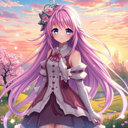 An exquisite anime waifu character, featuring long flowing hair in vibrant pastel colors, big expressive eyes, adorned with elaborate, stylish clothing that reflects a fantasy theme