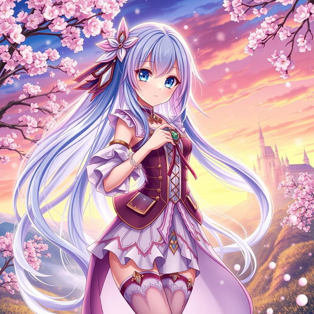 An exquisite anime waifu character, featuring long flowing hair in vibrant pastel colors, big expressive eyes, adorned with elaborate, stylish clothing that reflects a fantasy theme