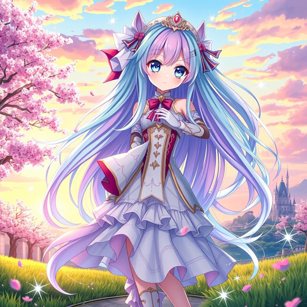 An exquisite anime waifu character, featuring long flowing hair in vibrant pastel colors, big expressive eyes, adorned with elaborate, stylish clothing that reflects a fantasy theme