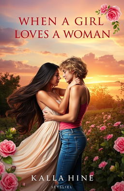 An enchanting book cover for a romance novel titled 'WHEN A GIRL LOVES A WOMAN'