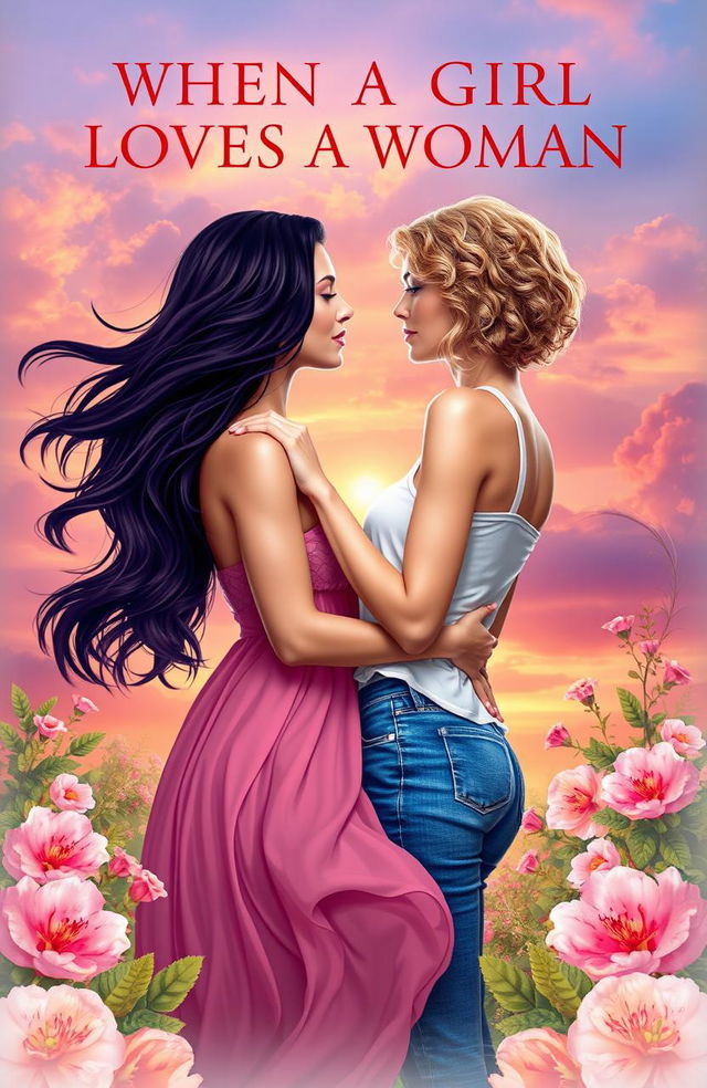 An enchanting book cover for a romance novel titled 'WHEN A GIRL LOVES A WOMAN'