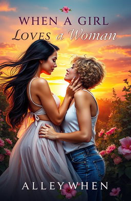 An enchanting book cover for a romance novel titled 'WHEN A GIRL LOVES A WOMAN'