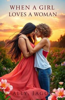 An enchanting book cover for a romance novel titled 'WHEN A GIRL LOVES A WOMAN'