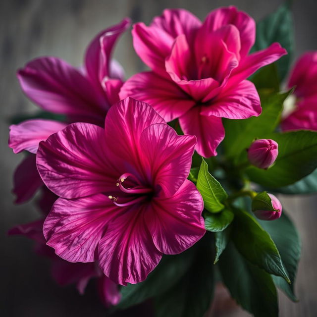 A realistic and artistic depiction of a close-up flower arrangement featuring vibrant blooms in shades of pink and purple