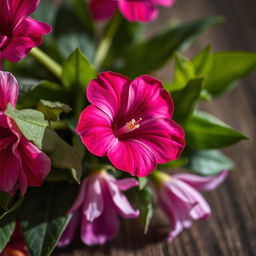 A realistic and artistic depiction of a close-up flower arrangement featuring vibrant blooms in shades of pink and purple