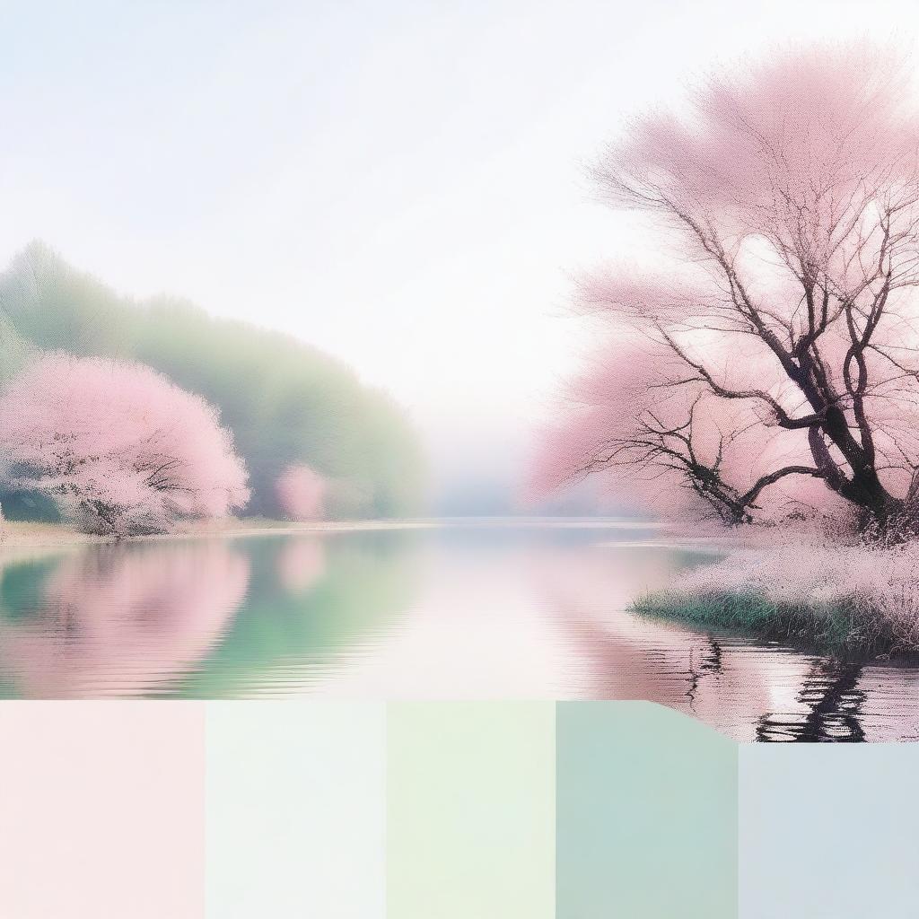 Generate an image of a tranquil and serene landscape with a pale color palette, showcasing gentle pastel hues.