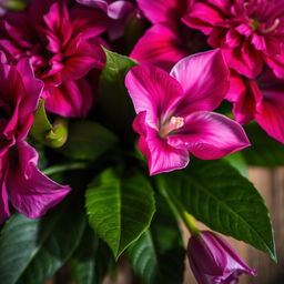 A realistic and artistic depiction of a close-up flower arrangement featuring vibrant blooms in shades of pink and purple