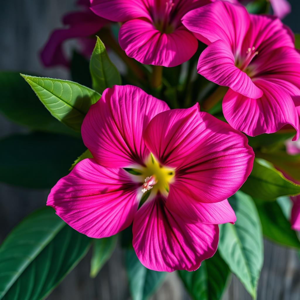 A realistic and artistic depiction of a close-up flower arrangement featuring vibrant blooms in shades of pink and purple