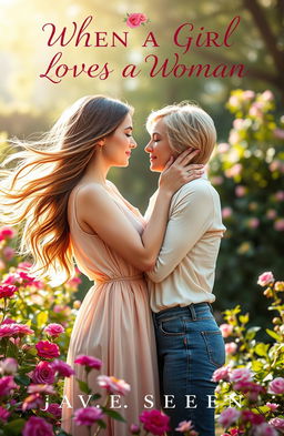 A romantic and intimate book cover for a novel titled 'WHEN A GIRL LOVES A WOMAN', featuring two beautiful women embracing tenderly in a lush garden setting
