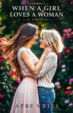 A romantic and intimate book cover for a novel titled 'WHEN A GIRL LOVES A WOMAN', featuring two beautiful women embracing tenderly in a lush garden setting