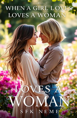A romantic and intimate book cover for a novel titled 'WHEN A GIRL LOVES A WOMAN', featuring two beautiful women embracing tenderly in a lush garden setting