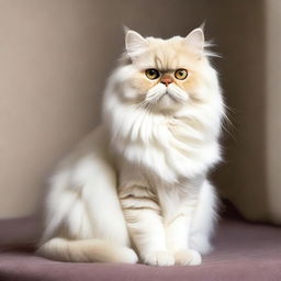 A fluffy, serene, and well-groomed Persian cat with expressive eyes and a perfectly maintained coat, sitting elegantly in a calm setting