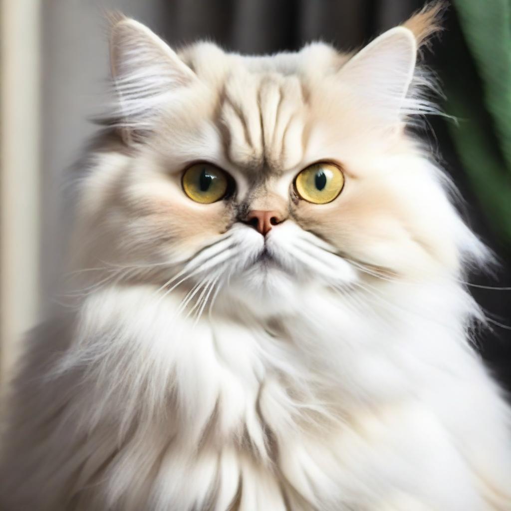 A fluffy, serene, and well-groomed Persian cat with expressive eyes and a perfectly maintained coat, sitting elegantly in a calm setting