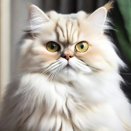 A fluffy, serene, and well-groomed Persian cat with expressive eyes and a perfectly maintained coat, sitting elegantly in a calm setting