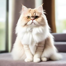 A fluffy, serene, and well-groomed Persian cat with expressive eyes and a perfectly maintained coat, sitting elegantly in a calm setting