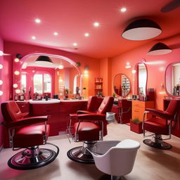 A family salon displaying a blend of photogenic social areas and cozy private spaces. Include trendy interior designs with vibrant colors and comfortable salon chairs.