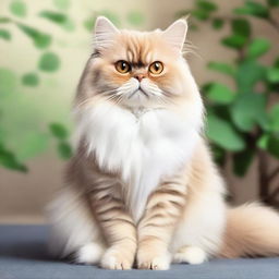 A fluffy, serene, and well-groomed Persian cat with expressive eyes and a perfectly maintained coat, sitting elegantly in a calm setting