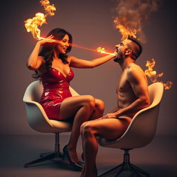 An Indian woman, an adult in her late 30s, dressed in a glossy PVC mini skirt and stylish high heels, sits confidently on a contemporary chair