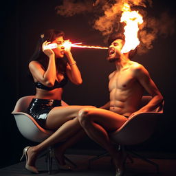An Indian woman, an adult in her late 30s, dressed in a glossy PVC mini skirt and stylish high heels, sits confidently on a contemporary chair