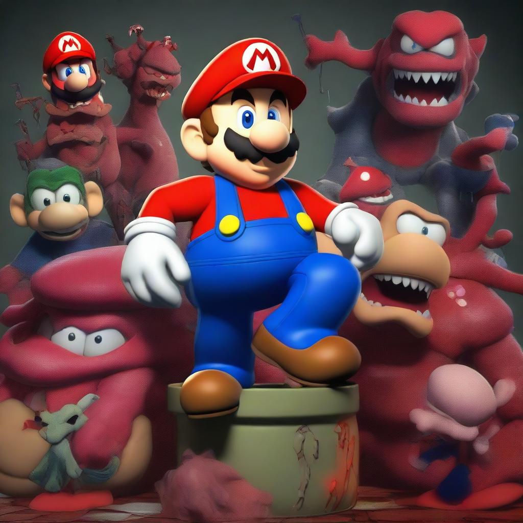 A horrific version of Mario surrounded by gruesome creatures