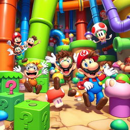 A vibrant, animated scene inspired by the style of SMG4, featuring a group of wacky characters set in a colorful and chaotic backdrop of Mushroom Kingdom