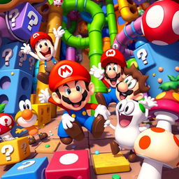 A vibrant, animated scene inspired by the style of SMG4, featuring a group of wacky characters set in a colorful and chaotic backdrop of Mushroom Kingdom